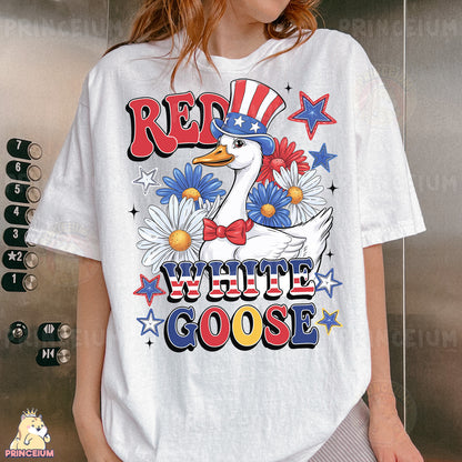 a woman wearing a red, white, and blue goose t - shirt