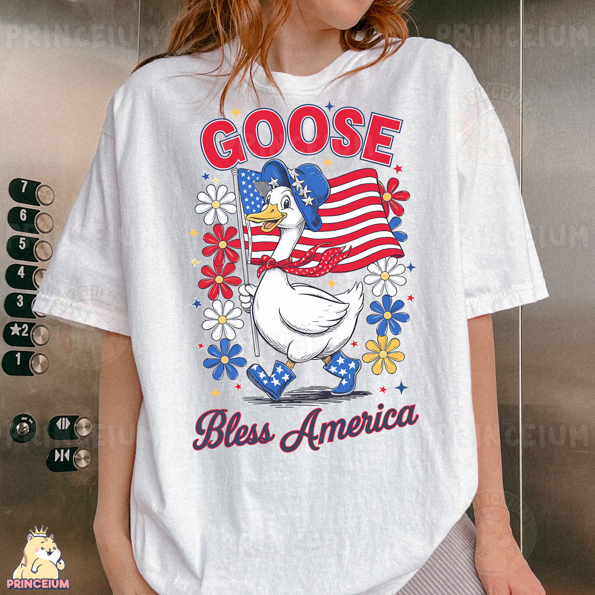a woman wearing a goose t - shirt with an american flag on it
