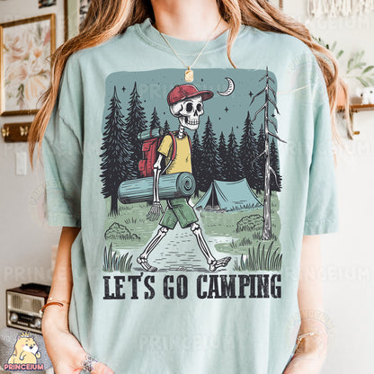 a woman wearing a t - shirt that says let's go camping