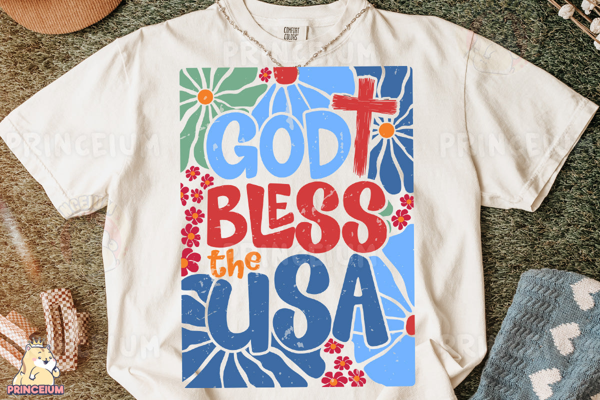 a t - shirt with the words god, bless, and usa on it