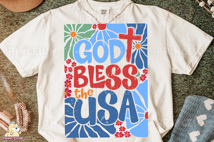 a t - shirt with the words god, bless, and usa on it