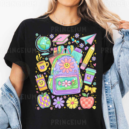 a woman wearing a black tshirt with a backpack on it