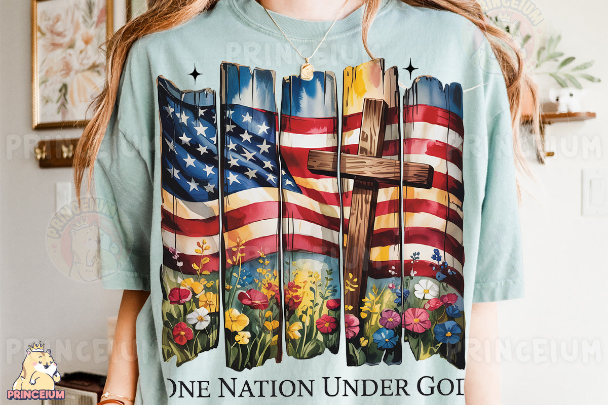 a woman wearing a t - shirt with a cross and american flags on it