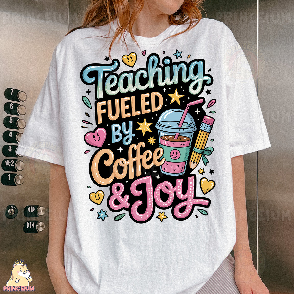 a woman wearing a t - shirt that says teaching fueled by coffee and joy
