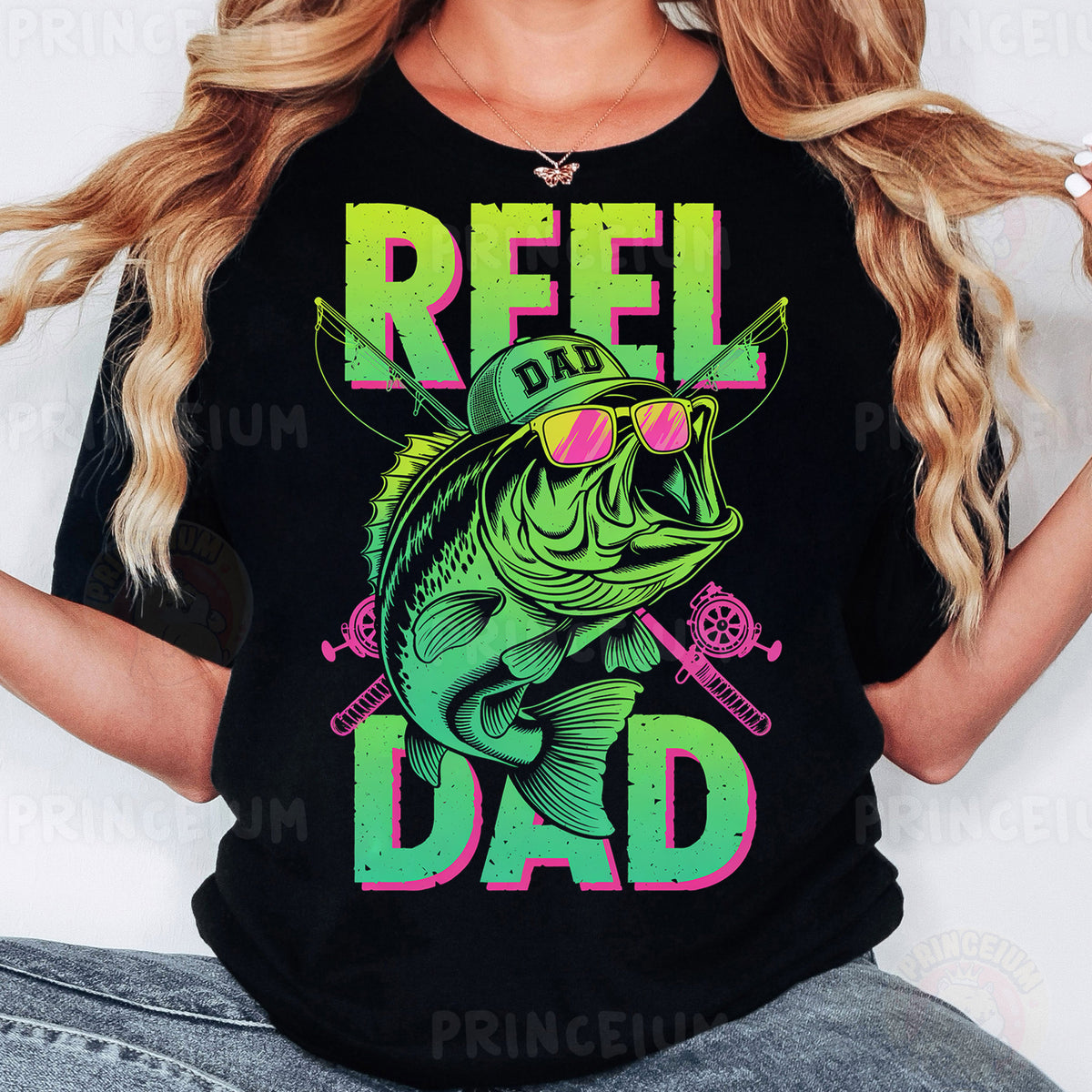 a woman wearing a black reel dad t - shirt