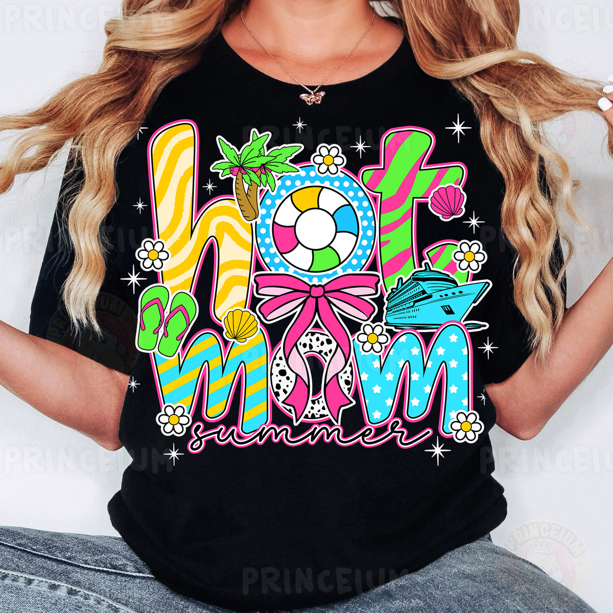 a woman wearing a black t - shirt with the word miami on it