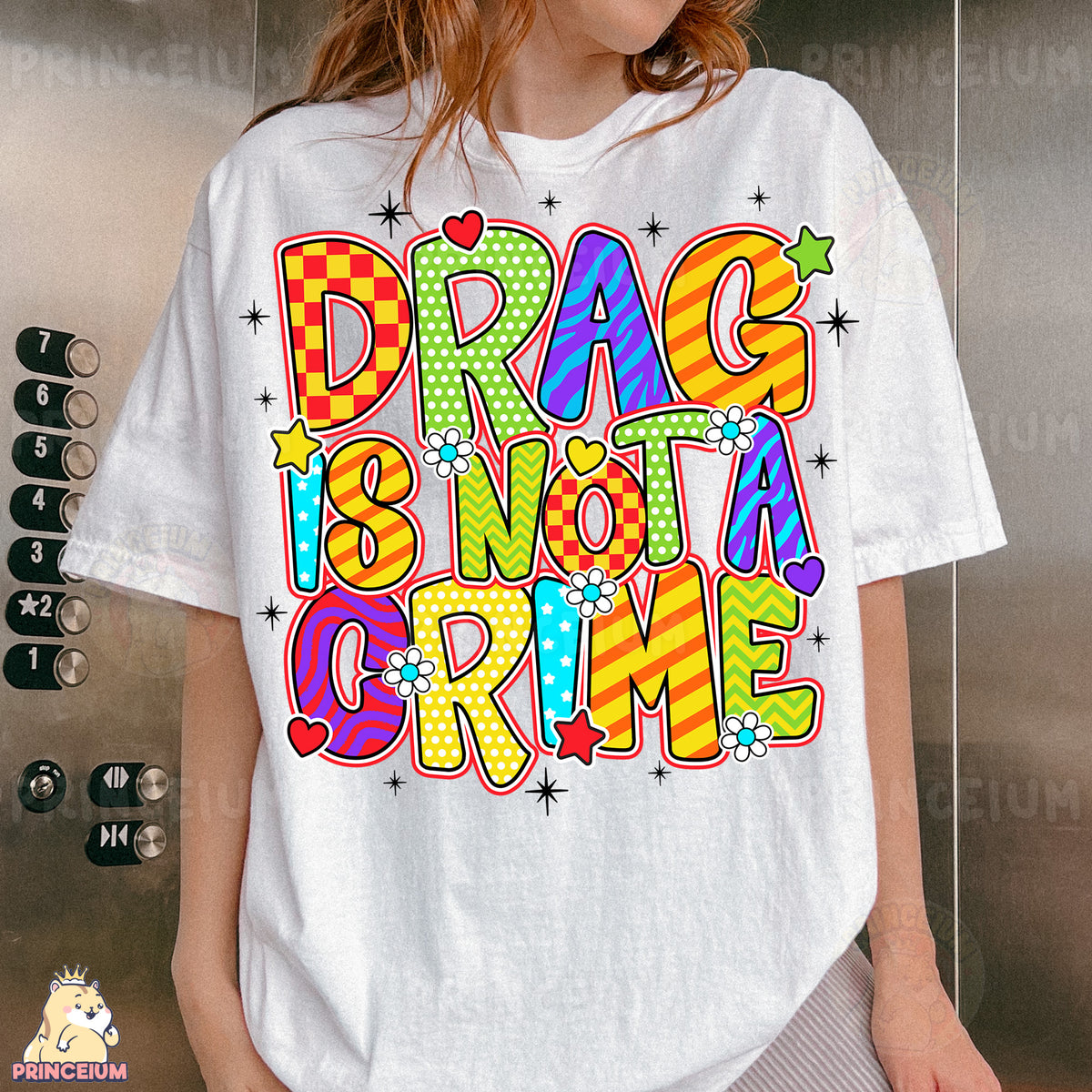 a woman wearing a t - shirt that says drag some crime