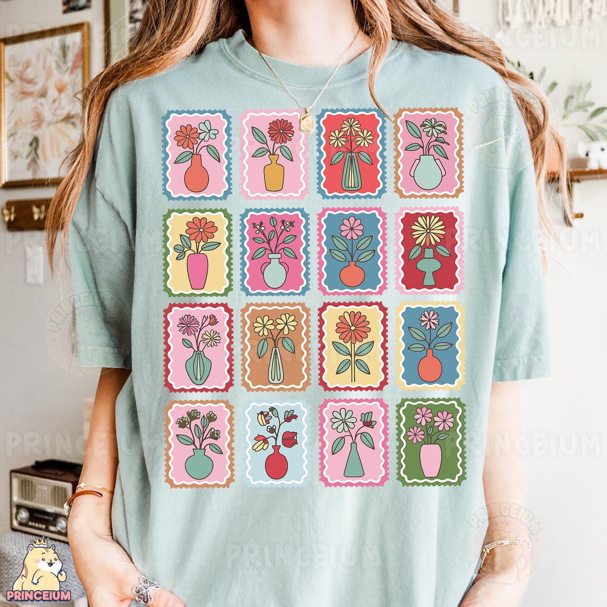 a woman wearing a t - shirt with a bunch of flowers on it