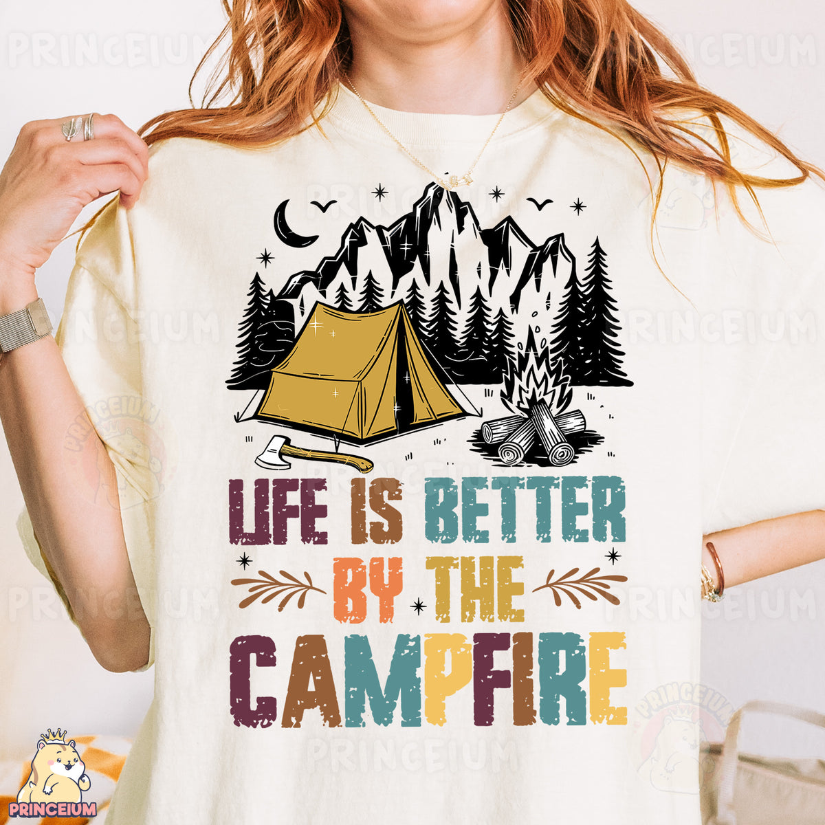 a woman wearing a t - shirt that says life is better by the campfire