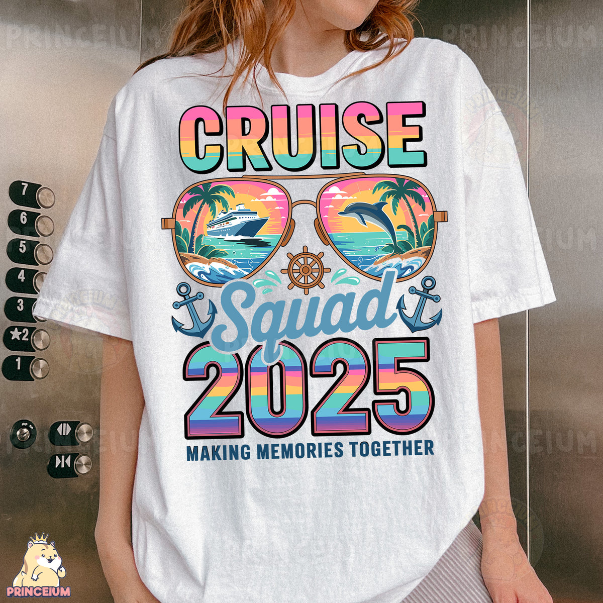 a woman wearing a cruise shirt and sunglasses