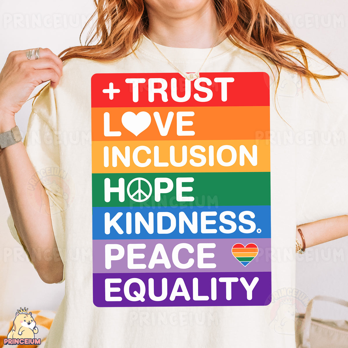 a woman wearing a t - shirt that says trust love, love, inclusion,