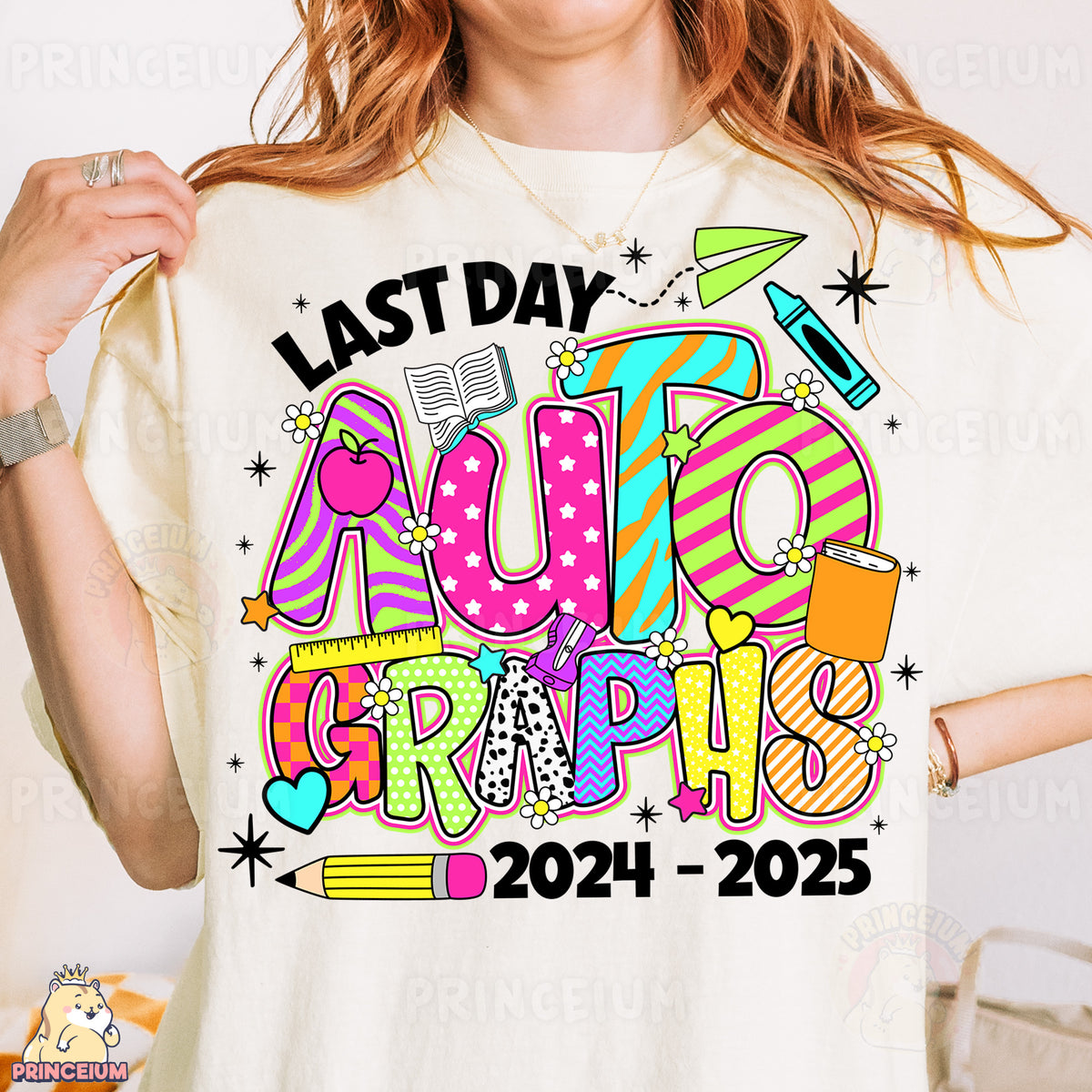 a woman wearing a t - shirt that says last day autographs