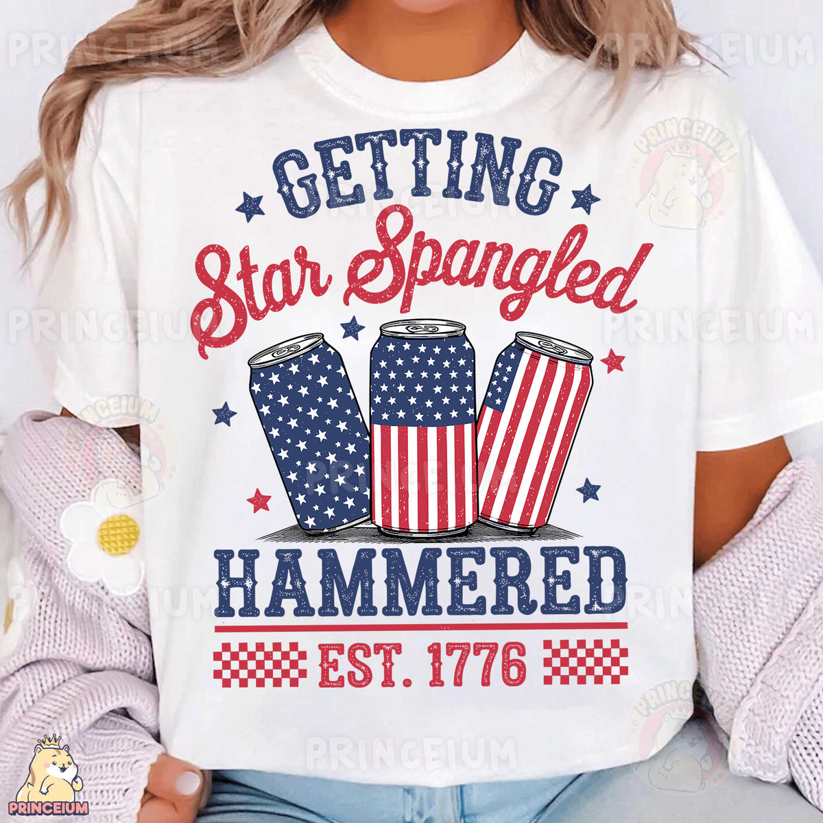 a woman wearing a white t - shirt that says getting star spangled hammered est