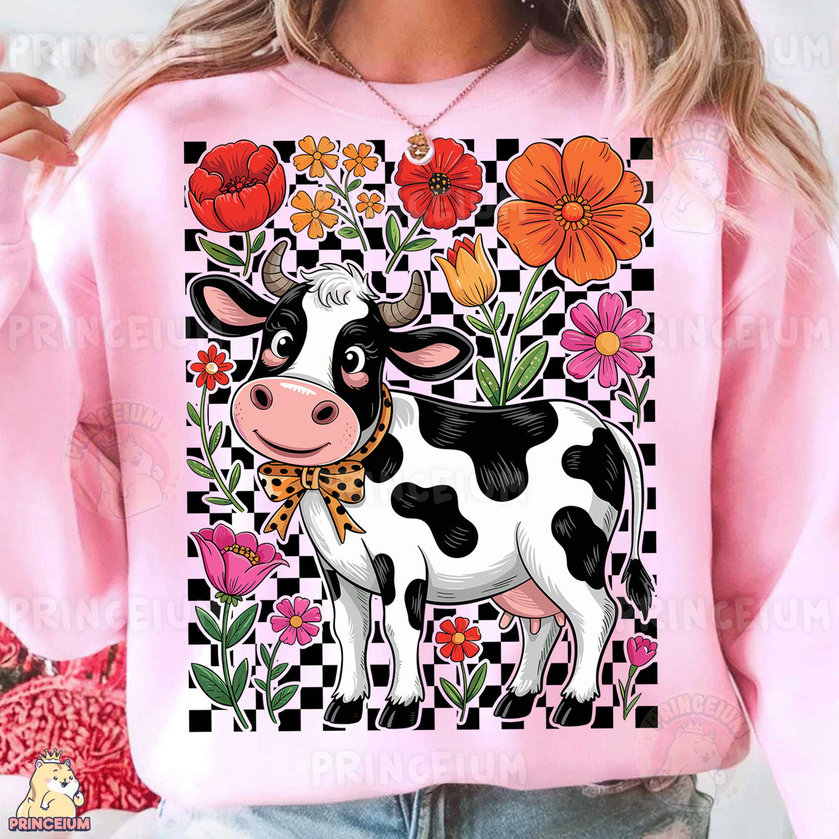 a woman wearing a pink shirt with a cow on it