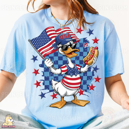 a girl wearing a donald duck shirt and holding a hot dog