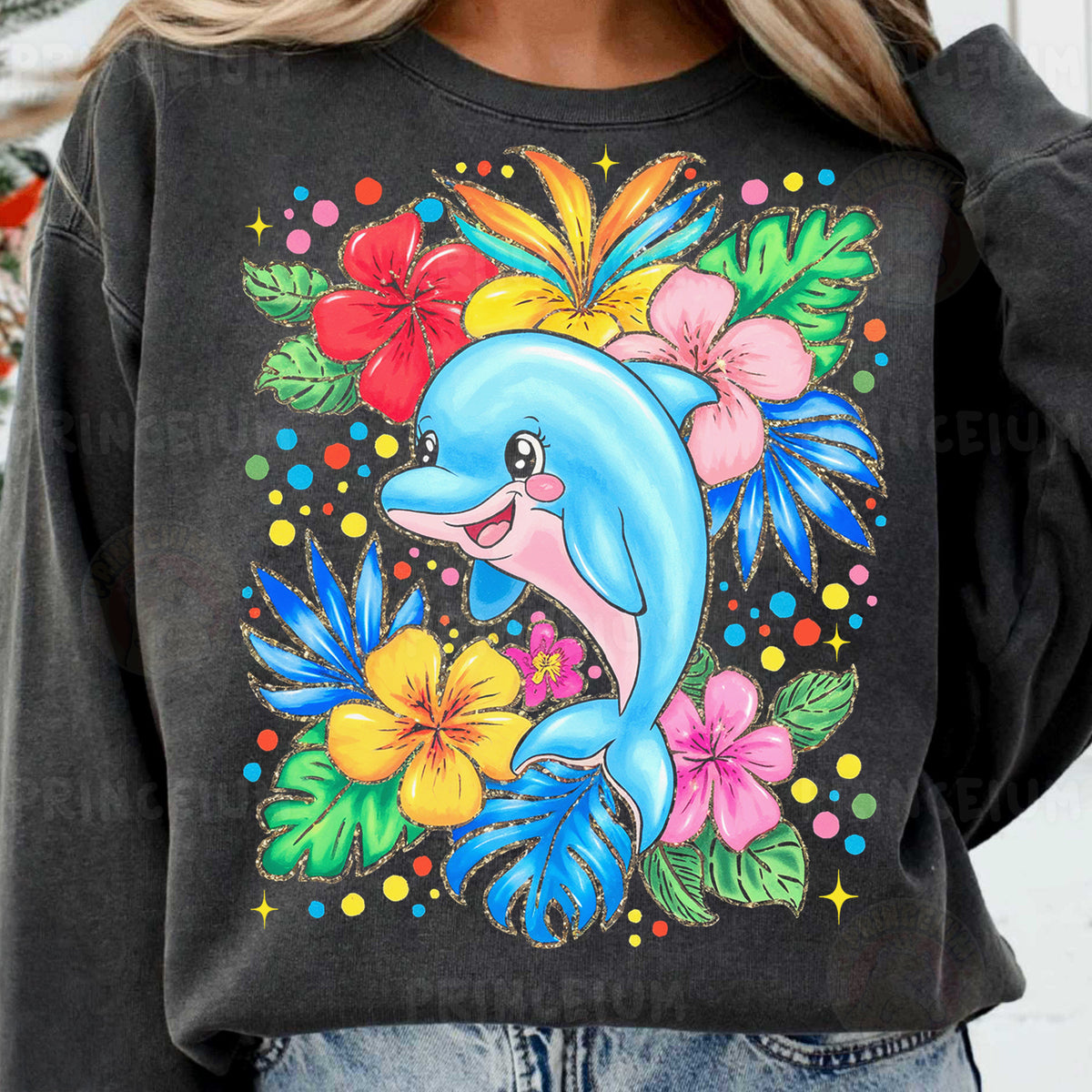 a woman wearing a sweatshirt with a dolphin on it