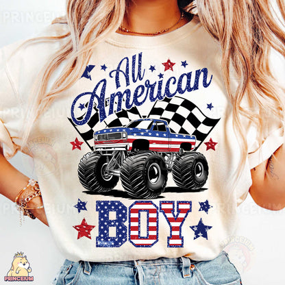 a woman wearing an american boy shirt with a monster truck on it