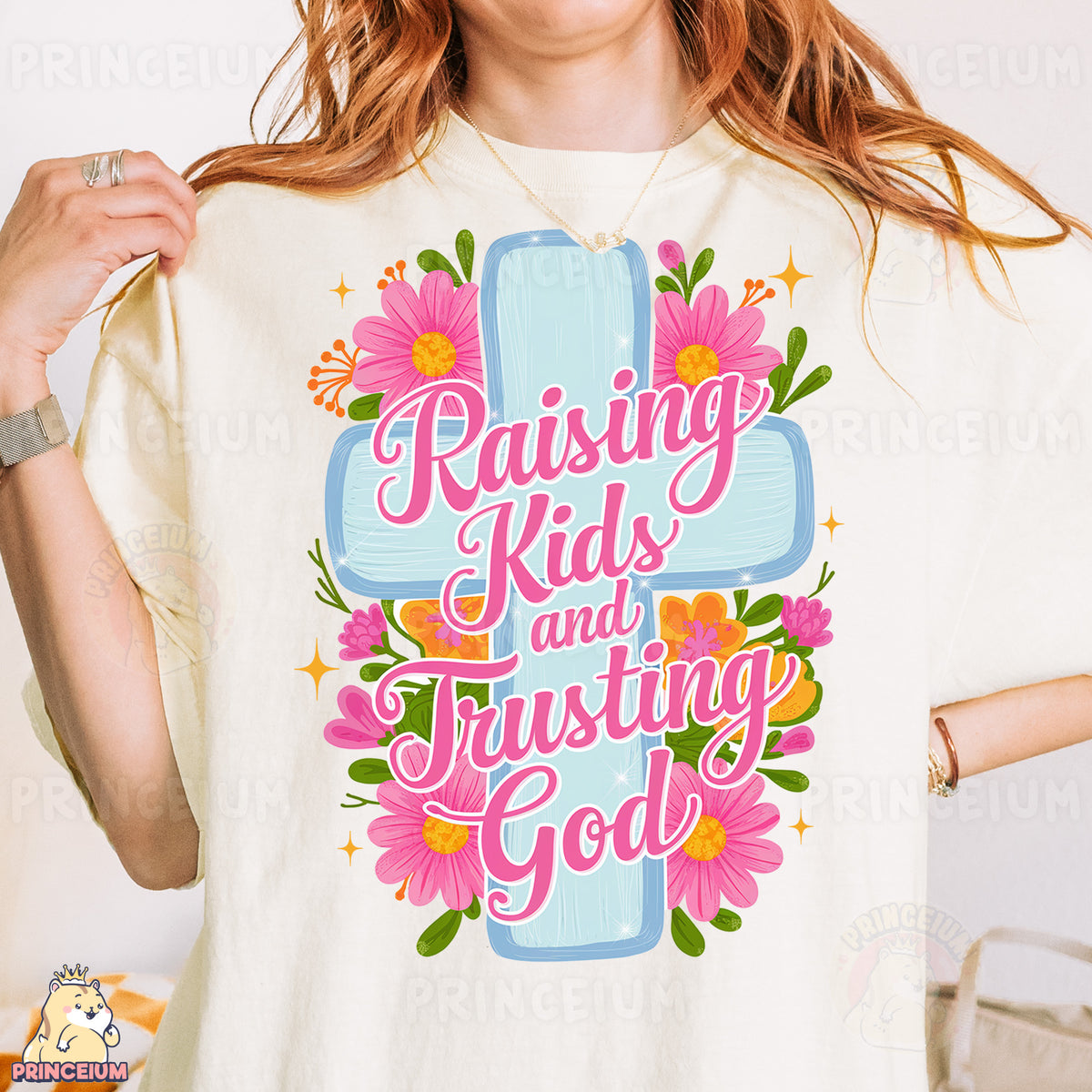 a woman wearing a t - shirt that says raising kids and trusting god