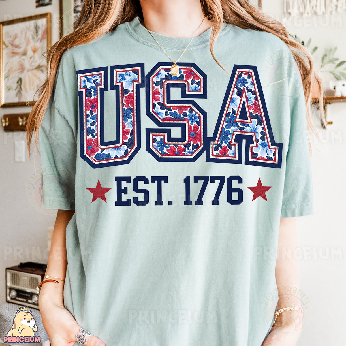 a woman wearing a usa t - shirt in front of a wall
