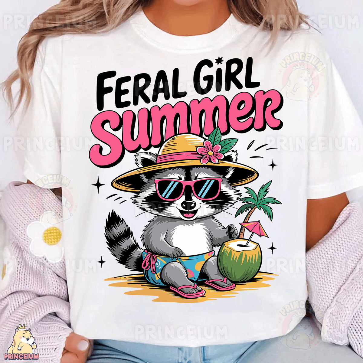 a woman wearing a white shirt with a raccoon wearing a hat and sunglasses