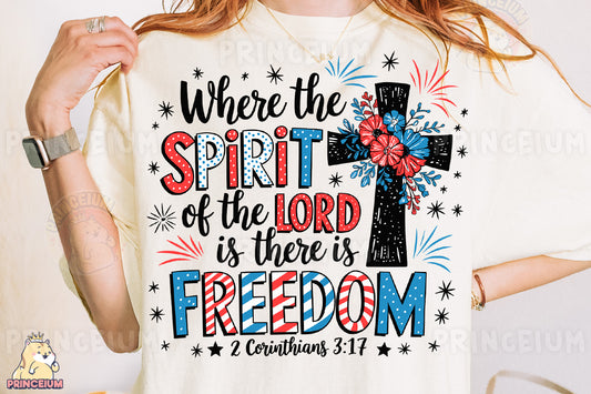 a woman wearing a t - shirt that says, where the spirit of the lord