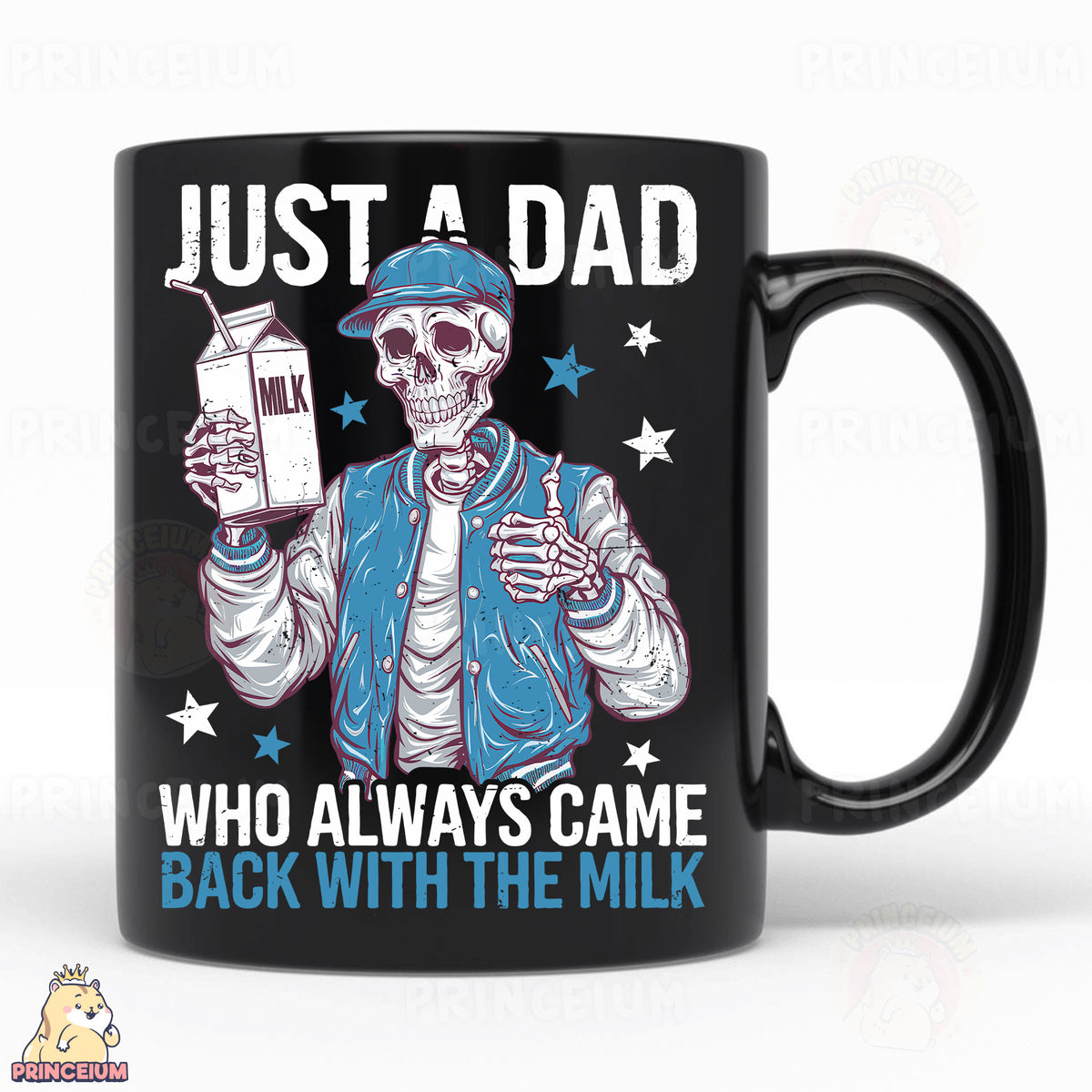 a black coffee mug with a skeleton holding a milk jug