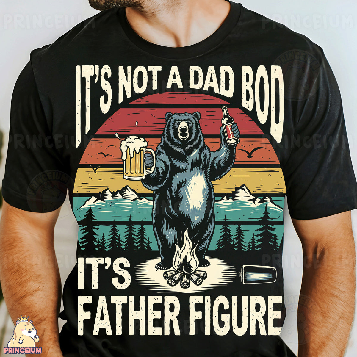 a man wearing a black shirt with a bear holding a beer