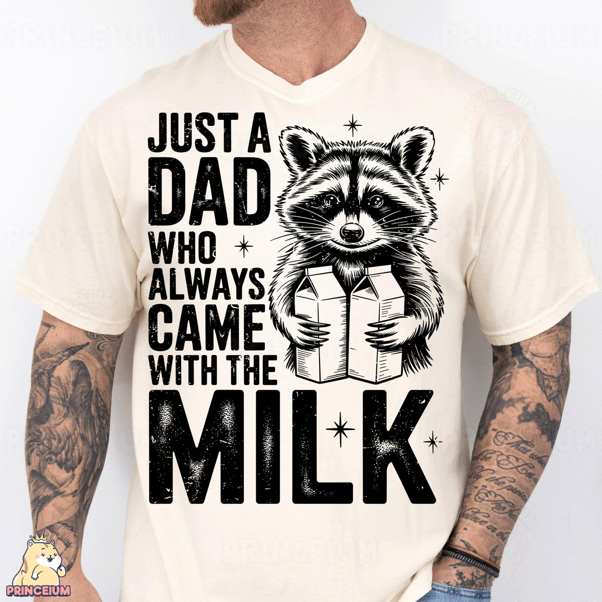 a man wearing a white shirt with a raccoon reading a book