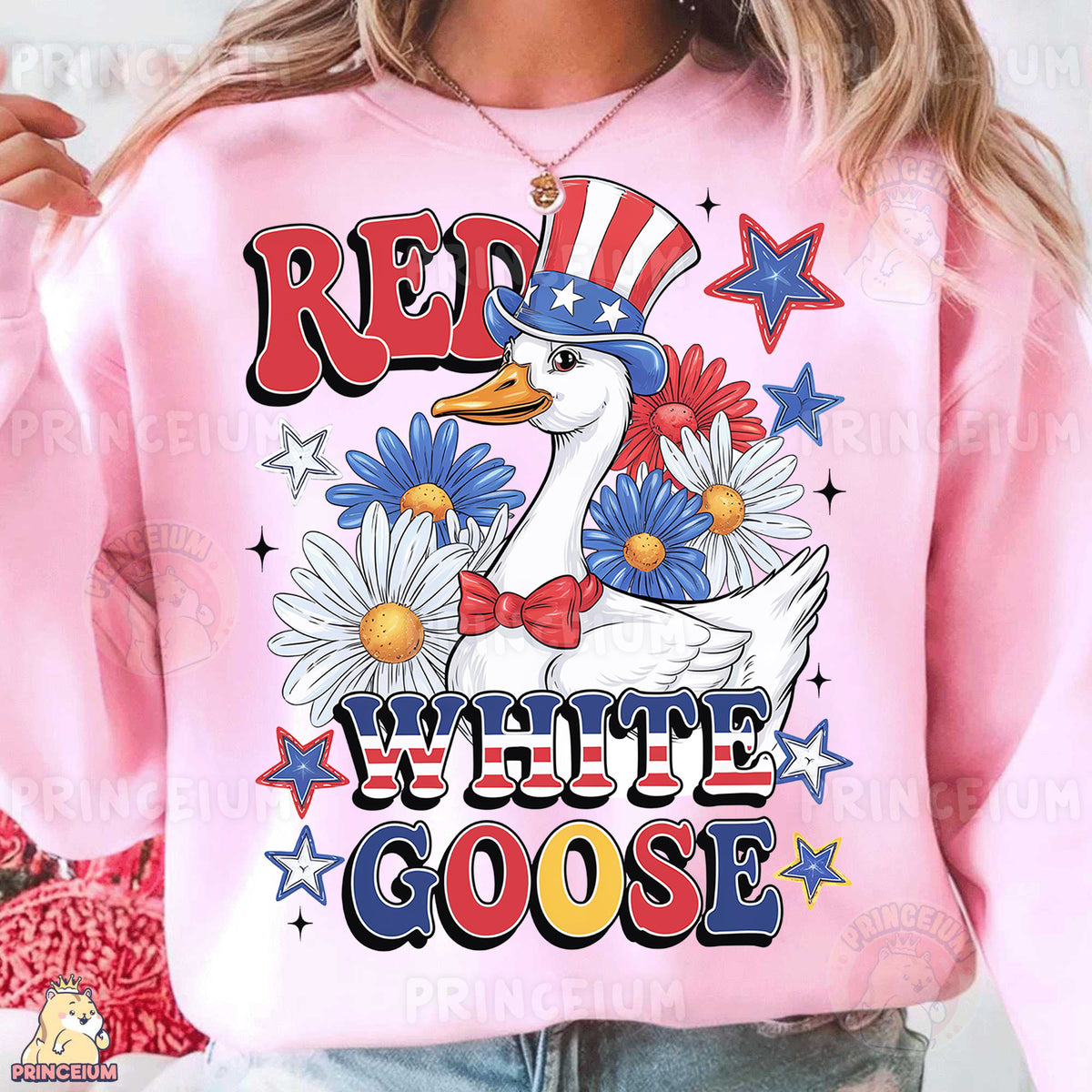 a woman wearing a red white and goose sweatshirt