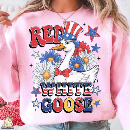 a woman wearing a red white and goose sweatshirt
