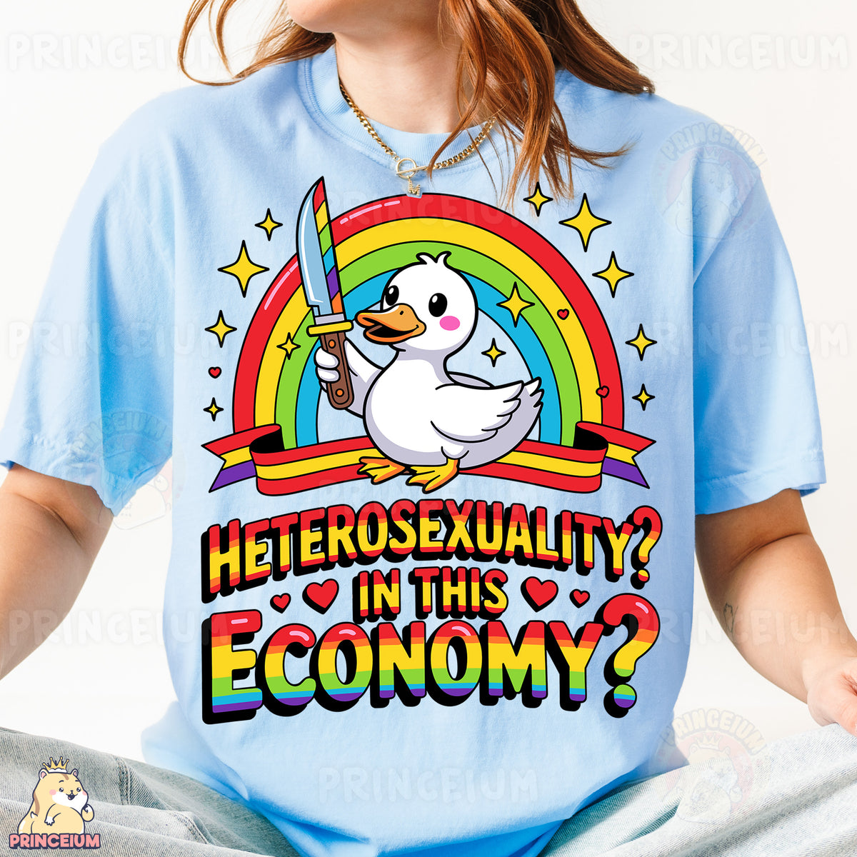 a woman wearing a t - shirt with a duck on it
