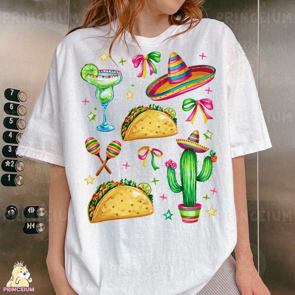 a woman wearing a white t - shirt with tacos and sombreros on