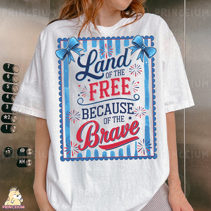 a woman wearing a t - shirt that says land of the free because of the