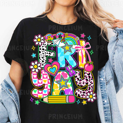 a woman wearing a black t - shirt with the letter k in colorful letters