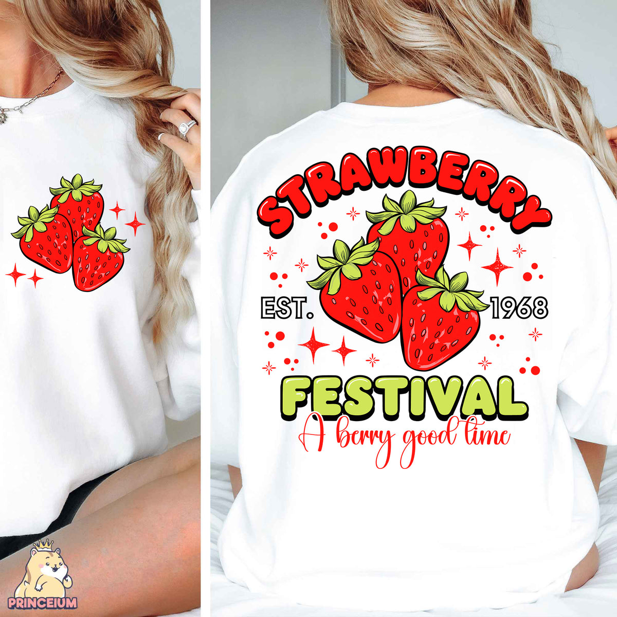 a woman wearing a white shirt with strawberries festival on it