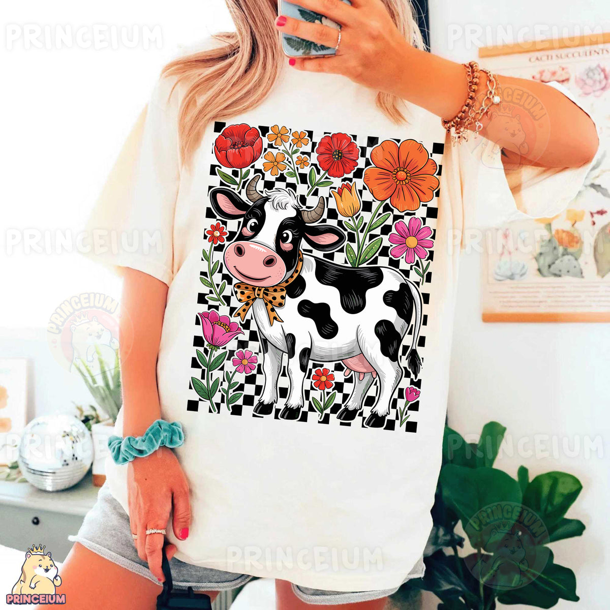 a woman taking a picture of a cow wearing a t - shirt