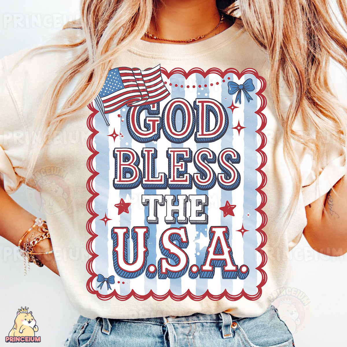 a woman wearing a t - shirt that says god bless the usa