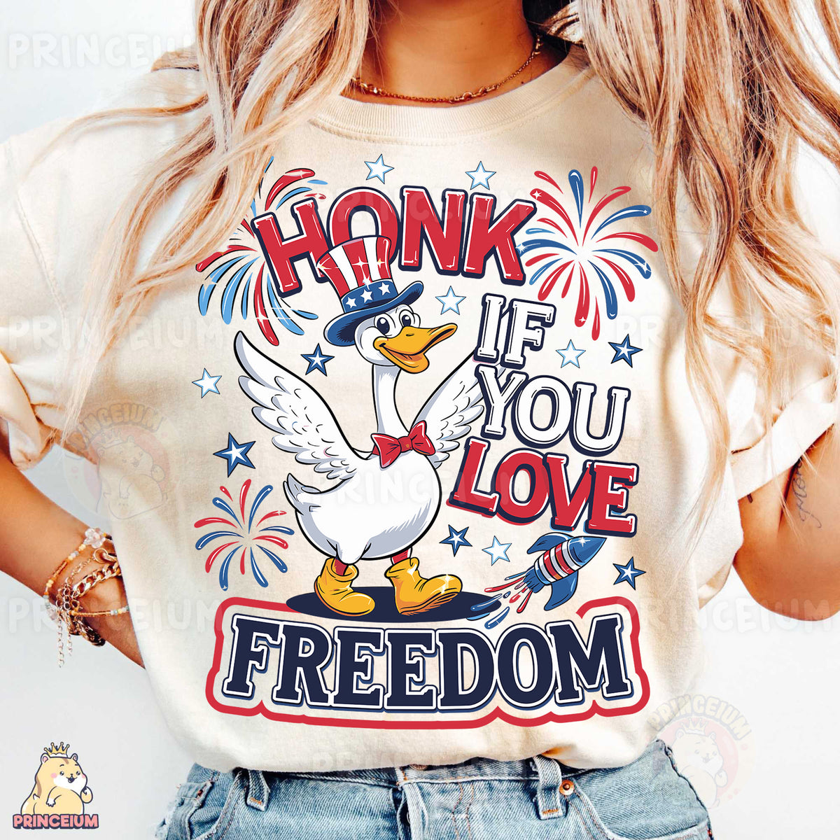 a woman wearing a t - shirt that says honk if you love freedom