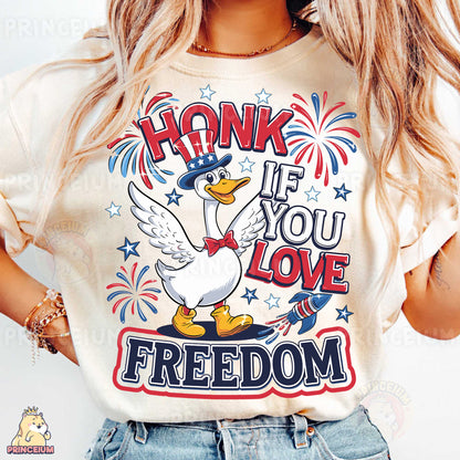 a woman wearing a t - shirt that says honk if you love freedom