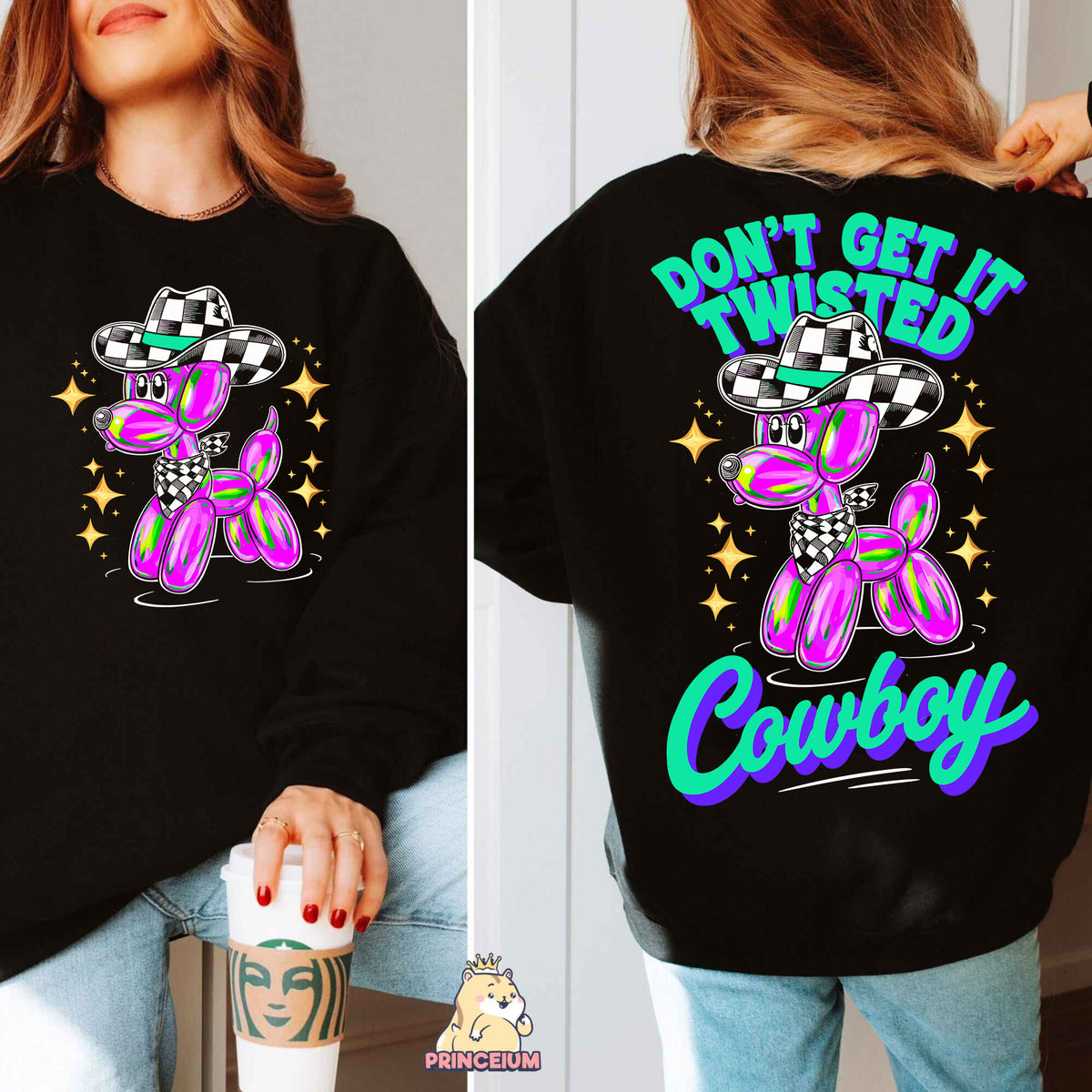 a woman wearing a black sweatshirt with a pink teddy bear on it