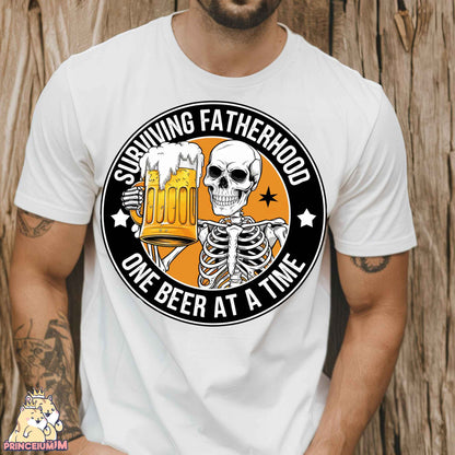 a man wearing a white t - shirt with a skeleton holding a mug of beer