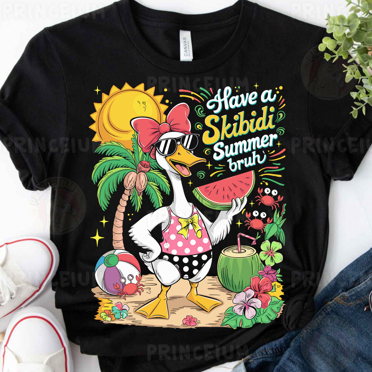 a black t - shirt with a cartoon duck wearing a pink bow