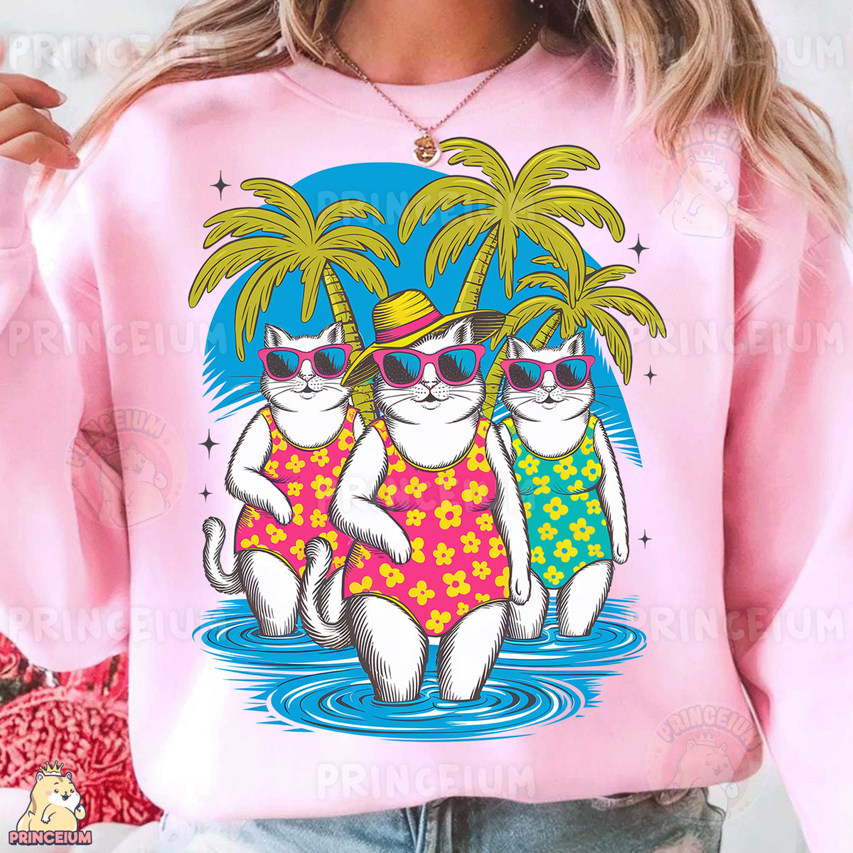 a woman wearing a pink shirt with two cats wearing sunglasses