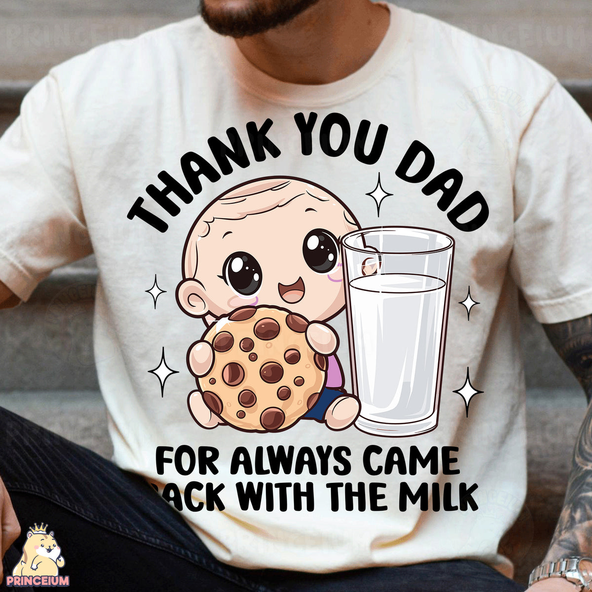 a man wearing a t - shirt that says thank you dad for always came back