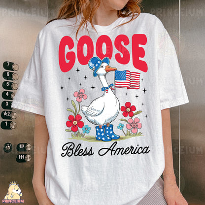 a woman wearing a goose shirt with an american flag on it