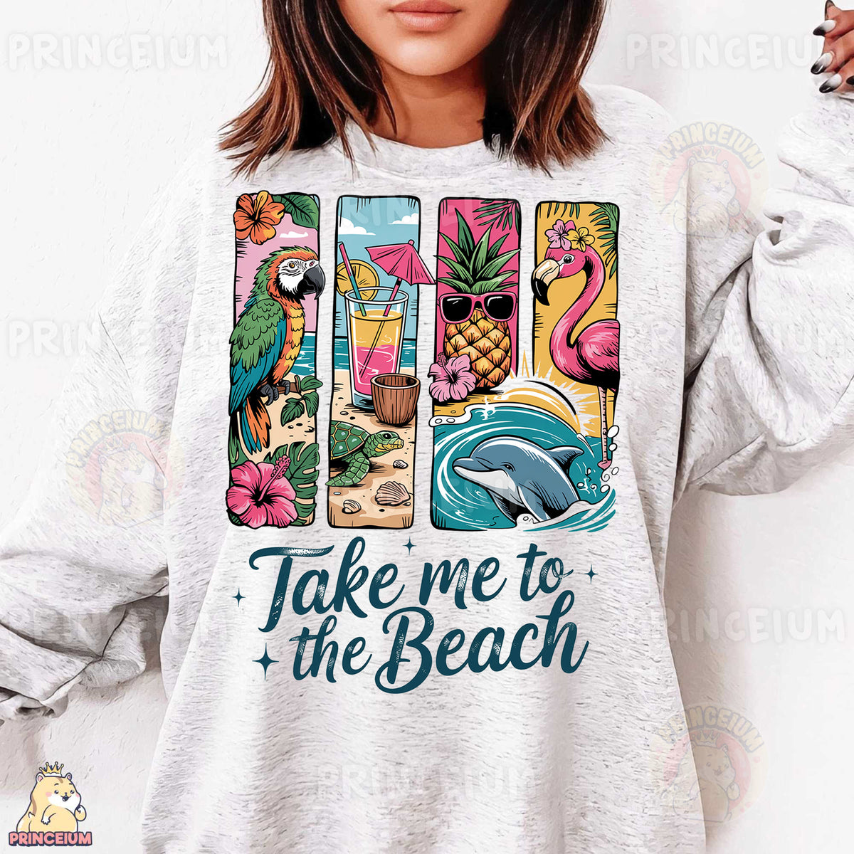 a woman wearing a white shirt with a tropical design on it