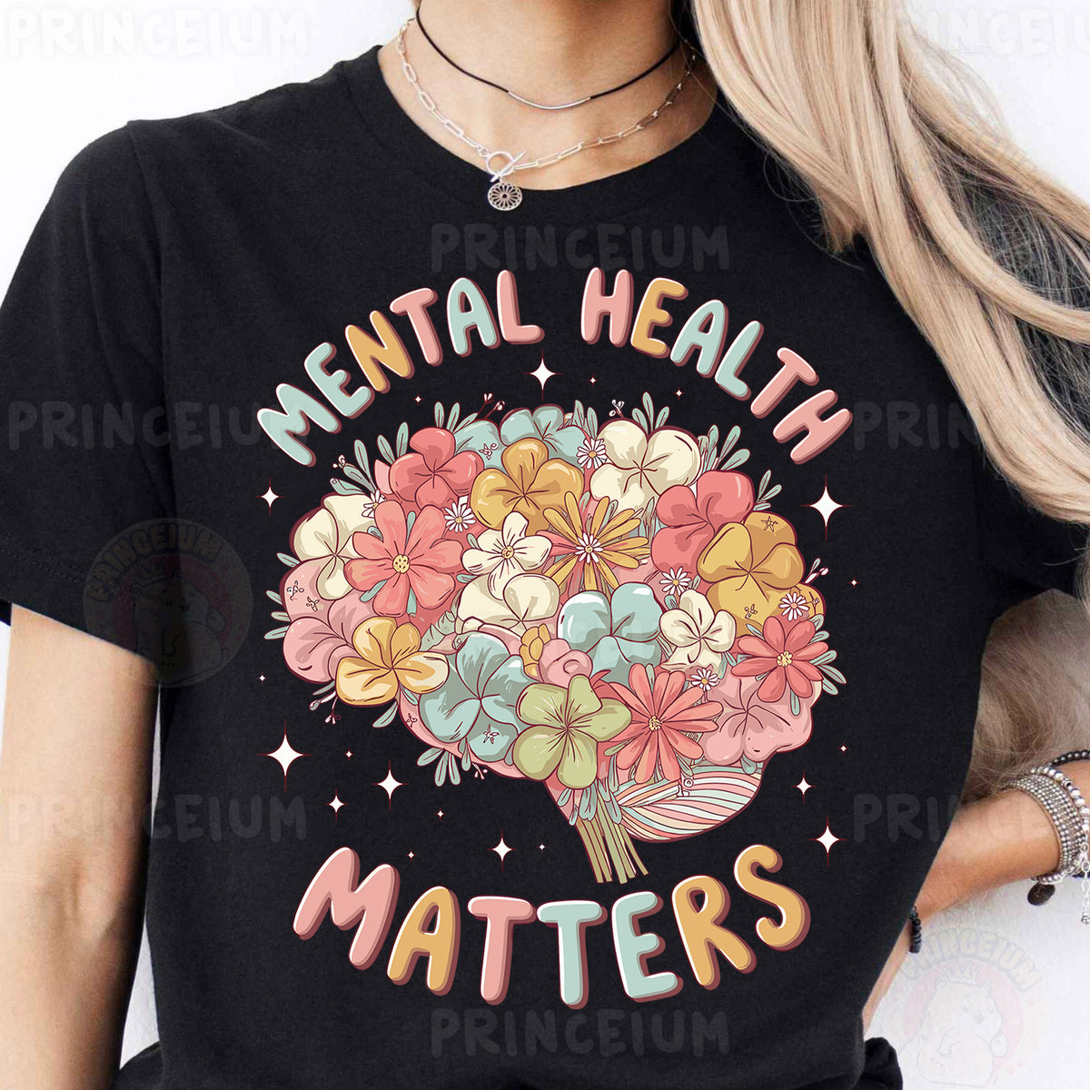 a woman wearing a t - shirt that says mental health matters