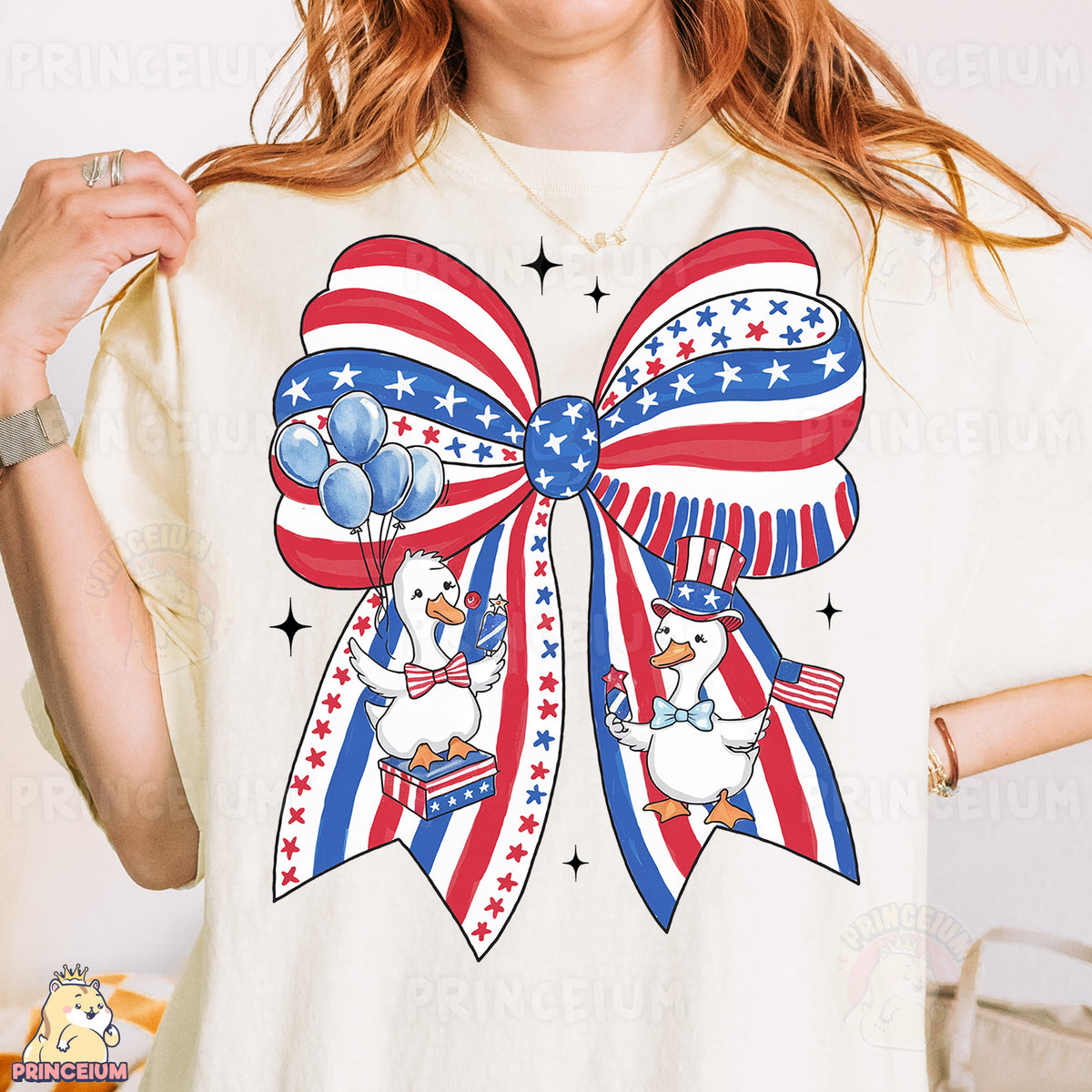 a woman wearing a patriotic bow t - shirt