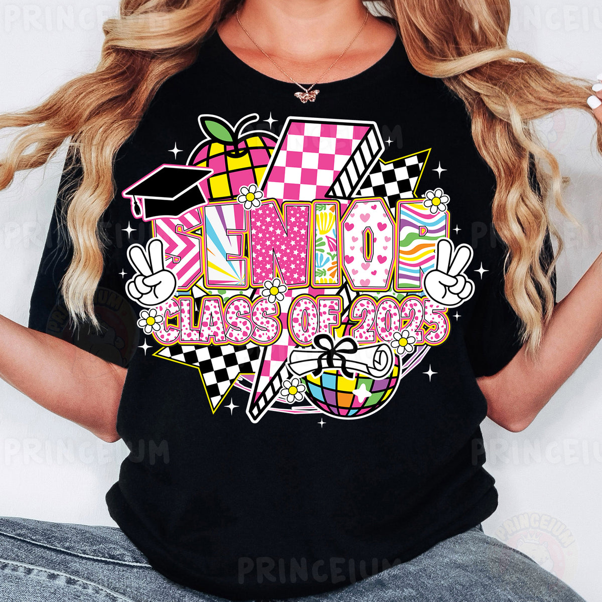 a woman wearing a black shirt with a checkered design