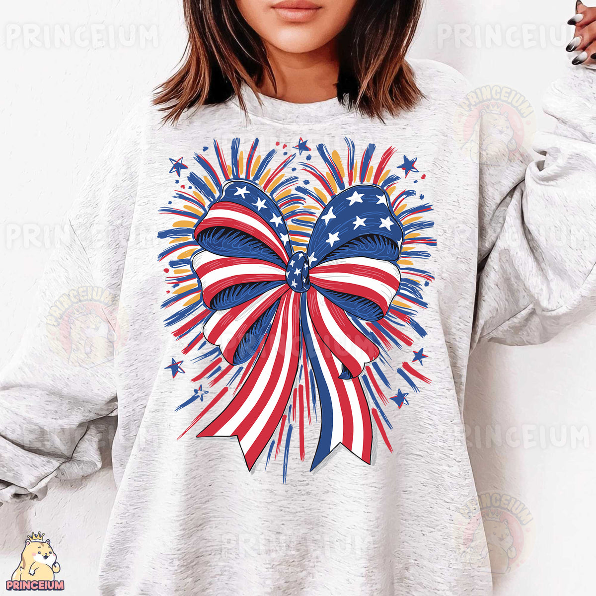 a woman wearing a sweatshirt with an american flag heart on it